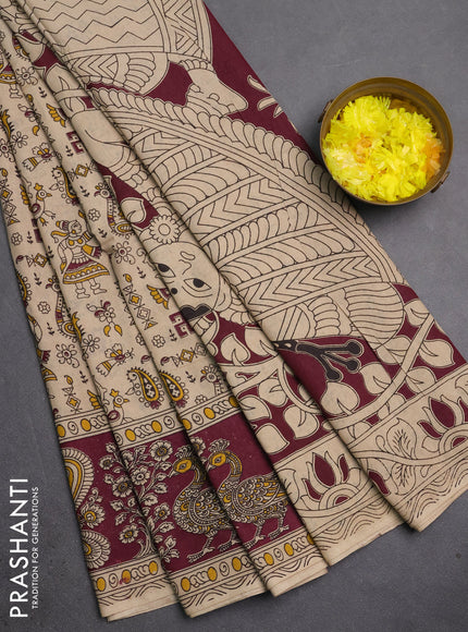 Kalamkari cotton saree beige and wine with allover prints and long printed border