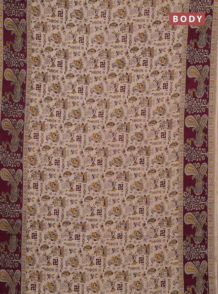 Kalamkari cotton saree beige and wine with allover prints and long printed border