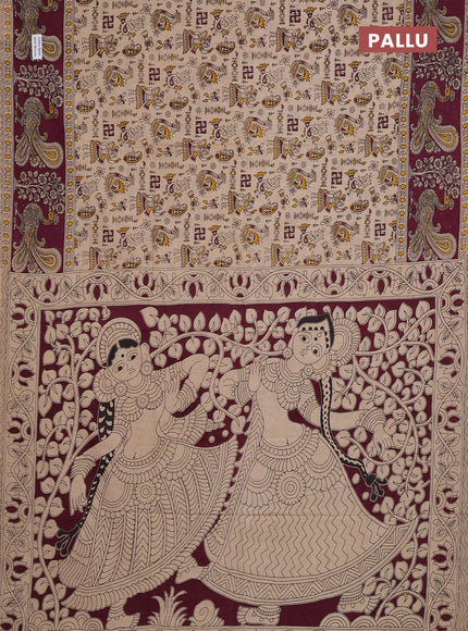Kalamkari cotton saree beige and wine with allover prints and long printed border