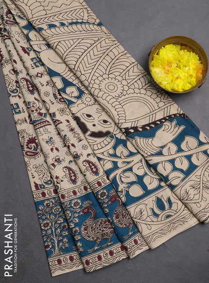 Kalamkari cotton saree beige and peacock green with allover prints and long printed border