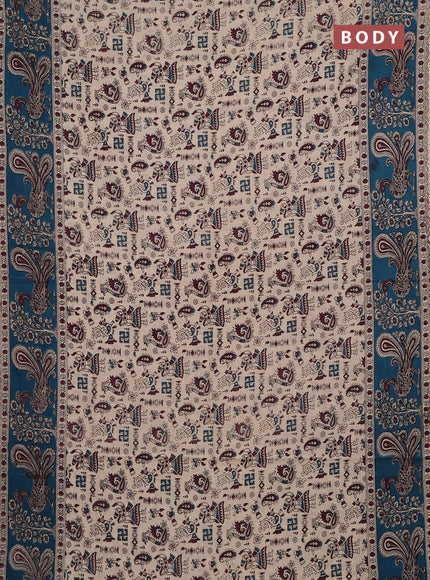 Kalamkari cotton saree beige and peacock green with allover prints and long printed border