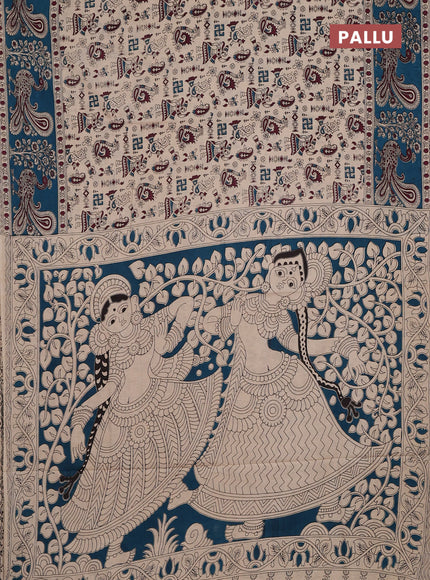 Kalamkari cotton saree beige and peacock green with allover prints and long printed border