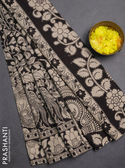 Kalamkari cotton saree black and beige with allover prints and printed border