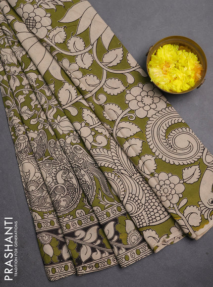 Kalamkari cotton saree mehendi green and black with allover prints and printed border