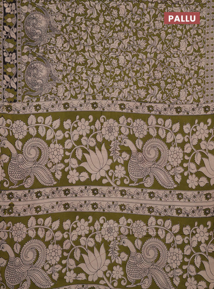 Kalamkari cotton saree mehendi green and black with allover prints and printed border