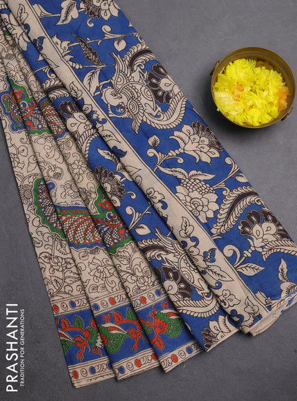 Kalamkari cotton saree beige and blue with allover prints and printed border