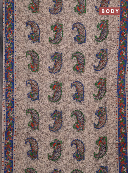 Kalamkari cotton saree beige and blue with allover prints and printed border