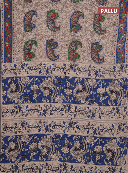 Kalamkari cotton saree beige and blue with allover prints and printed border