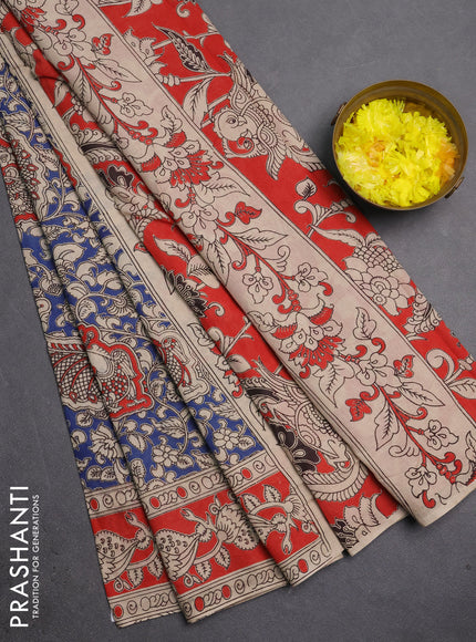 Kalamkari cotton saree blue and orange with allover prints and printed border