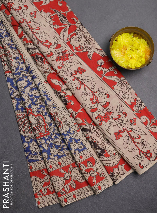 Kalamkari cotton saree blue and orange with allover prints and printed border
