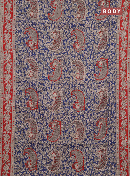 Kalamkari cotton saree blue and orange with allover prints and printed border