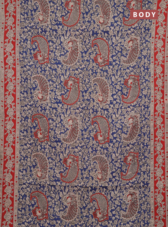 Kalamkari cotton saree blue and orange with allover prints and printed border