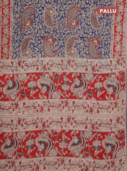 Kalamkari cotton saree blue and orange with allover prints and printed border