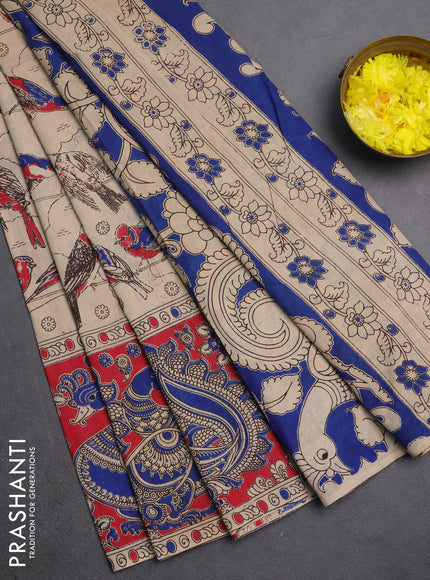 Kalamkari cotton saree beige and red with allover prints and long printed border