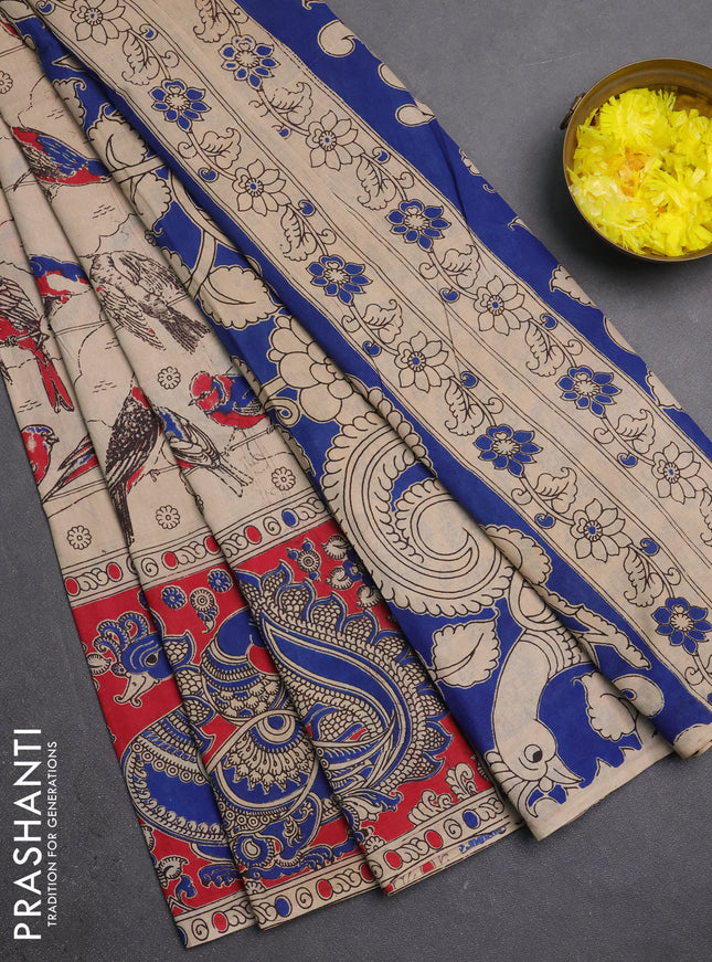 Kalamkari cotton saree beige and red with allover prints and long printed border