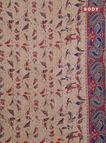 Kalamkari cotton saree beige and red with allover prints and long printed border
