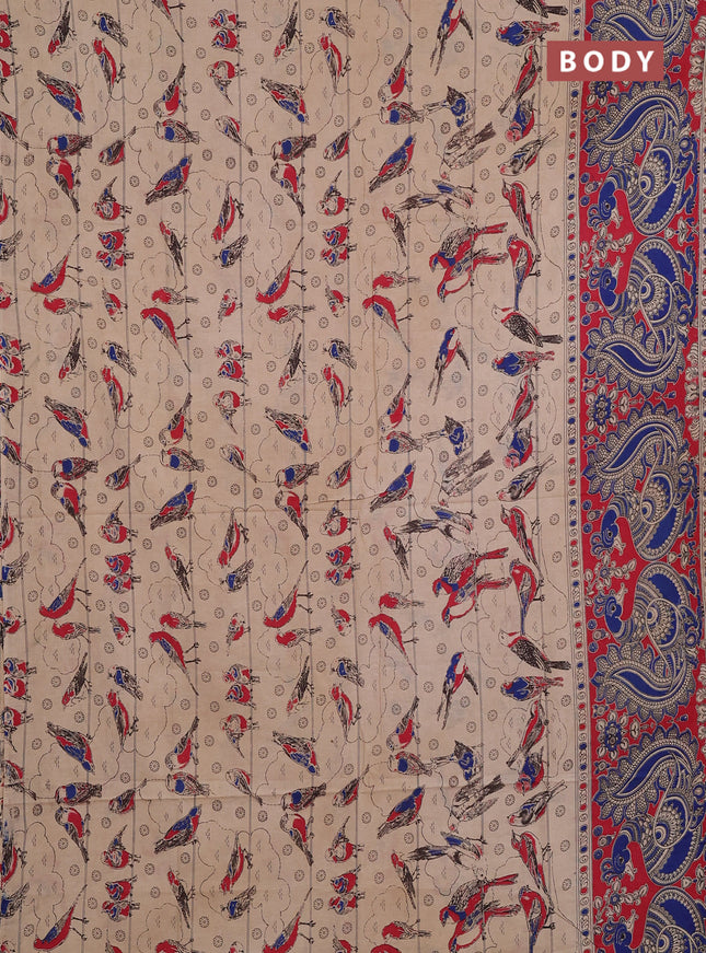 Kalamkari cotton saree beige and red with allover prints and long printed border
