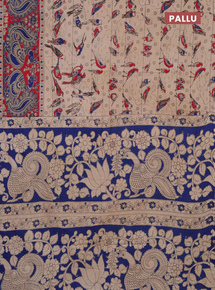 Kalamkari cotton saree beige and red with allover prints and long printed border