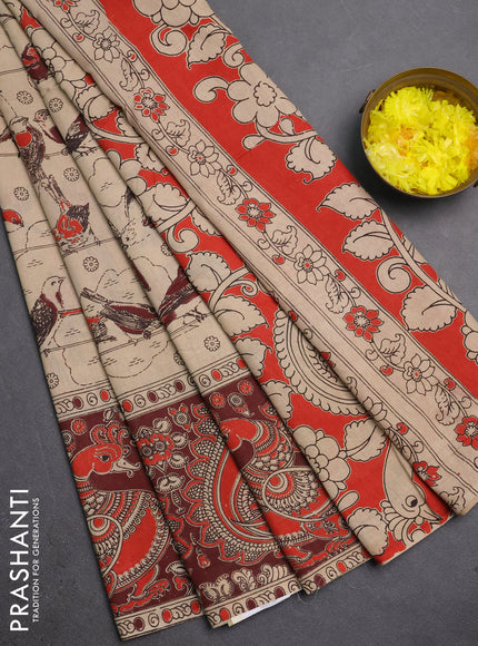 Kalamkari cotton saree beige and dark brown with allover prints and long printed border
