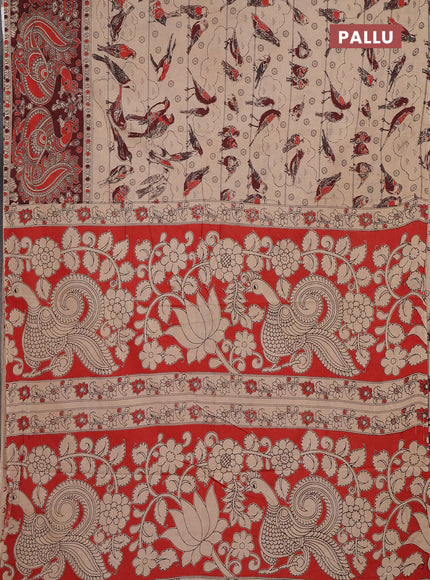 Kalamkari cotton saree beige and dark brown with allover prints and long printed border