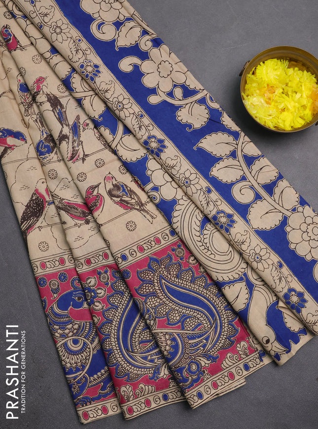 Kalamkari cotton saree beige and pink with allover prints and long printed border