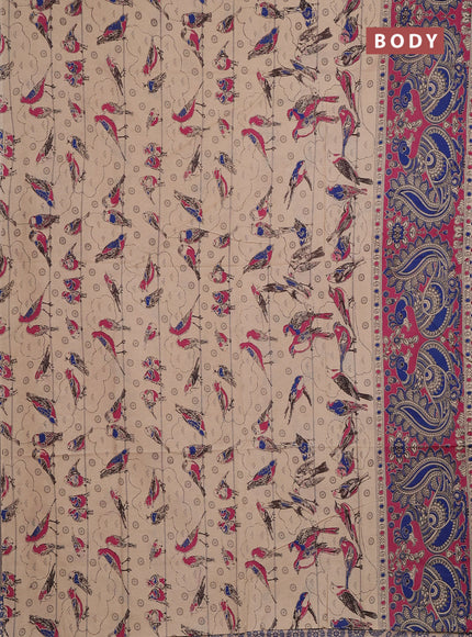 Kalamkari cotton saree beige and pink with allover prints and long printed border
