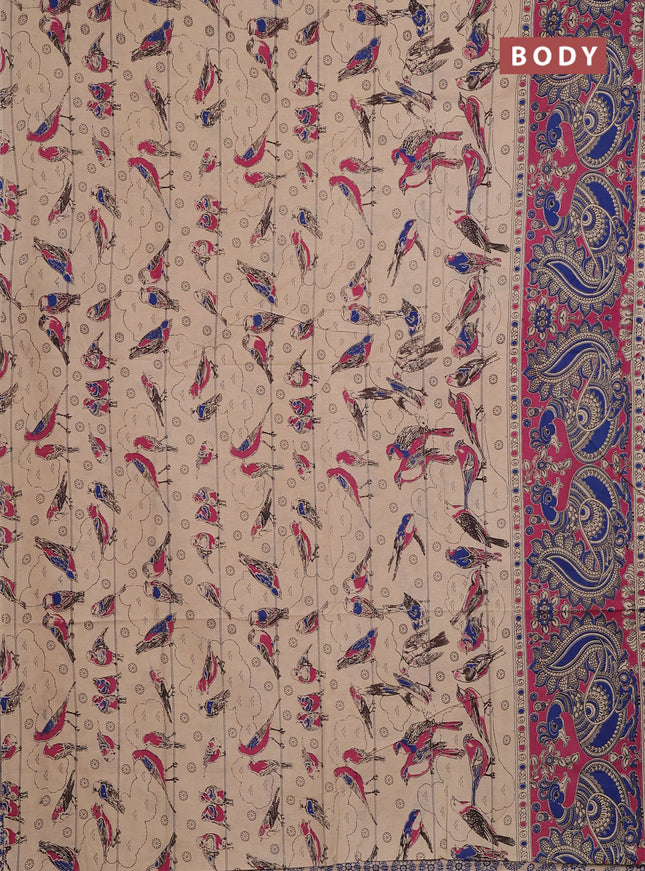 Kalamkari cotton saree beige and pink with allover prints and long printed border