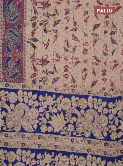 Kalamkari cotton saree beige and pink with allover prints and long printed border