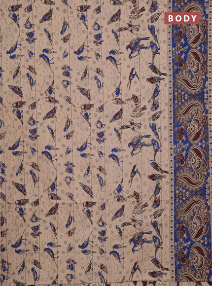 Kalamkari cotton saree beige and blue with allover prints and long printed border
