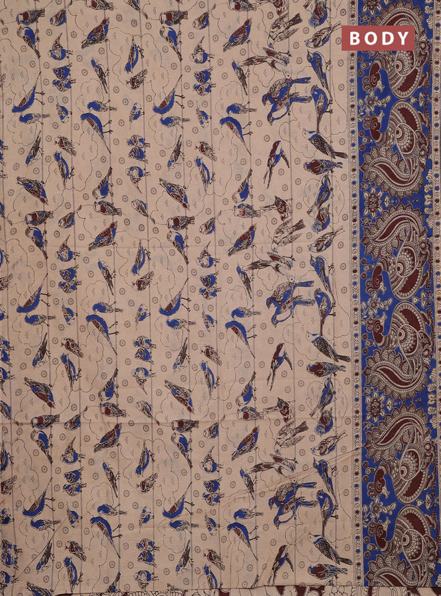 Kalamkari cotton saree beige and blue with allover prints and long printed border