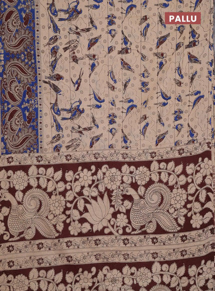 Kalamkari cotton saree beige and blue with allover prints and long printed border