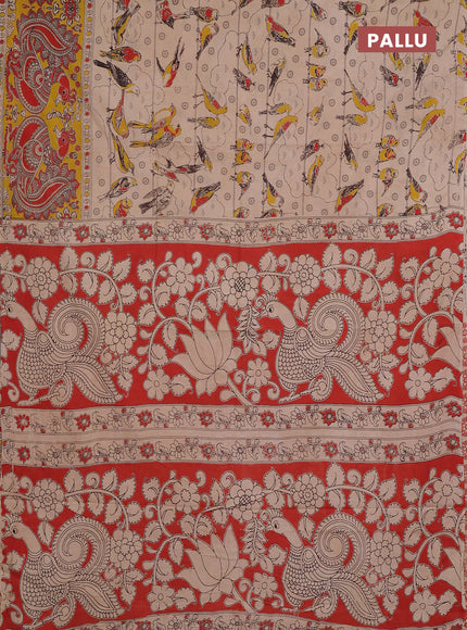 Kalamkari cotton saree beige and yellow with allover prints and long printed border