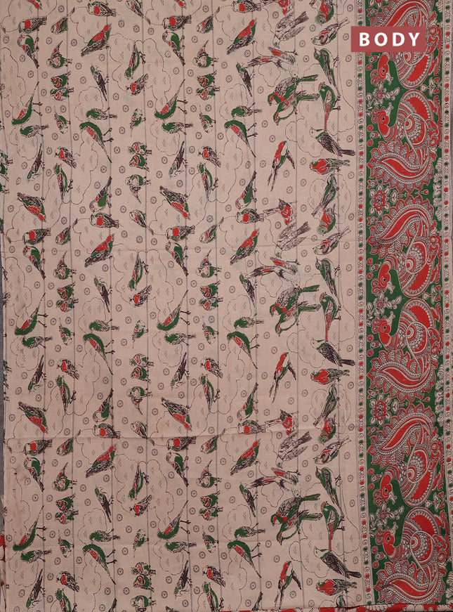Kalamkari cotton saree beige and green with allover prints and long printed border