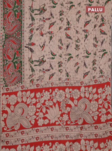 Kalamkari cotton saree beige and green with allover prints and long printed border