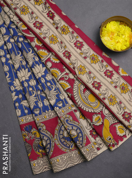 Kalamkari cotton saree blue and pink with allover prints and long printed border