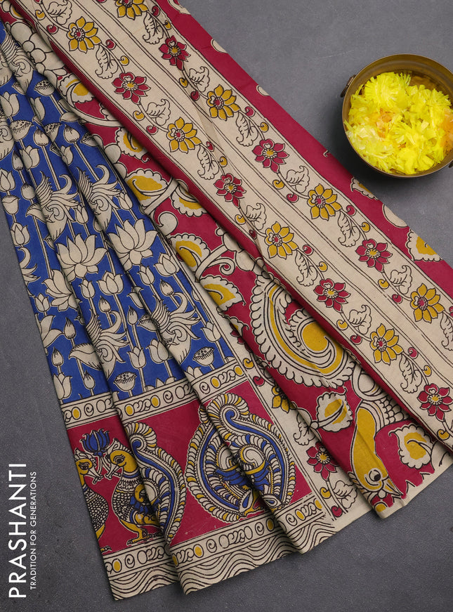 Kalamkari cotton saree blue and pink with allover prints and long printed border