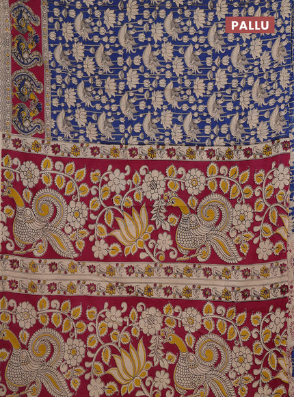 Kalamkari cotton saree blue and pink with allover prints and long printed border