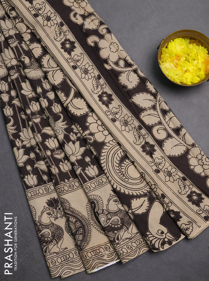 Kalamkari cotton saree coffee brown and beige with allover prints and long printed border