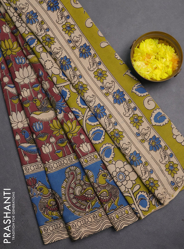 Kalamkari cotton saree brown and blue with allover prints and long printed border