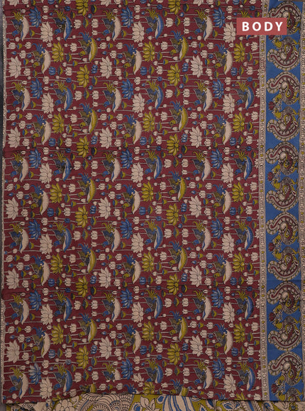 Kalamkari cotton saree brown and blue with allover prints and long printed border