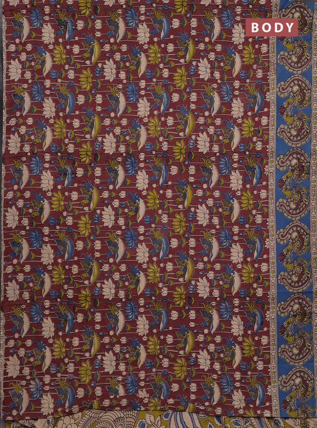 Kalamkari cotton saree brown and blue with allover prints and long printed border