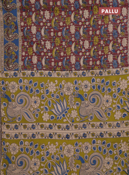 Kalamkari cotton saree brown and blue with allover prints and long printed border