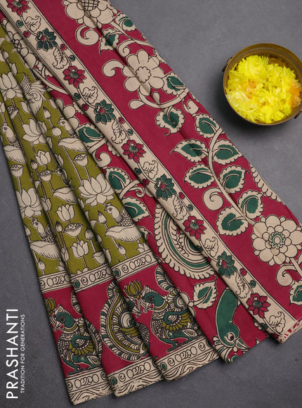 Kalamkari cotton saree mustard green and magenta pink with allover prints and long printed border