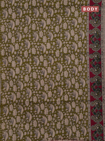 Kalamkari cotton saree mustard green and magenta pink with allover prints and long printed border