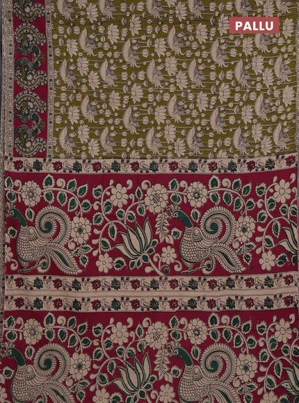 Kalamkari cotton saree mustard green and magenta pink with allover prints and long printed border