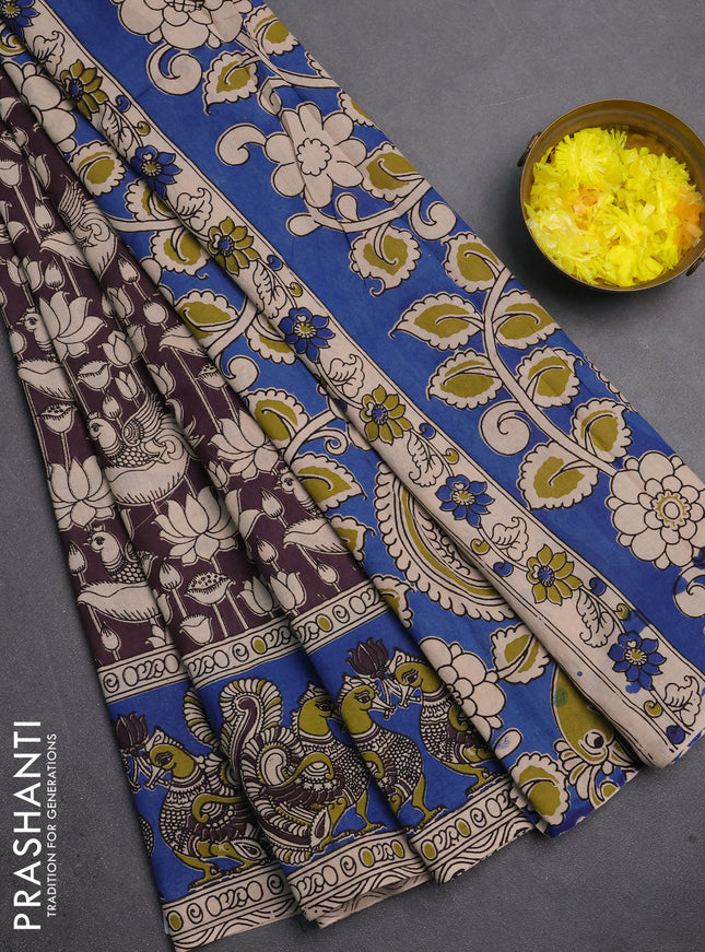 Kalamkari cotton saree deep wine and blue with allover prints and long printed border