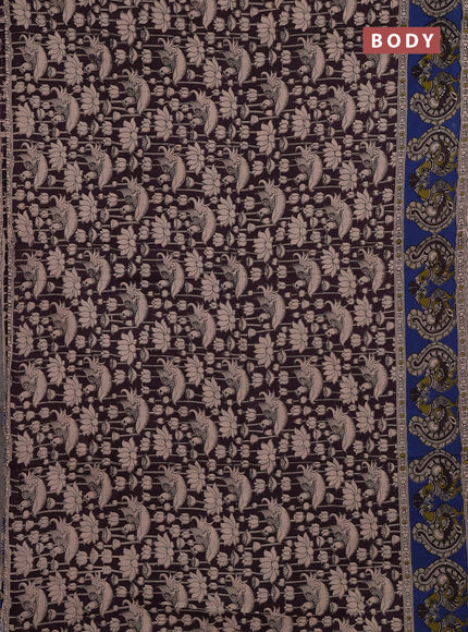 Kalamkari cotton saree deep wine and blue with allover prints and long printed border