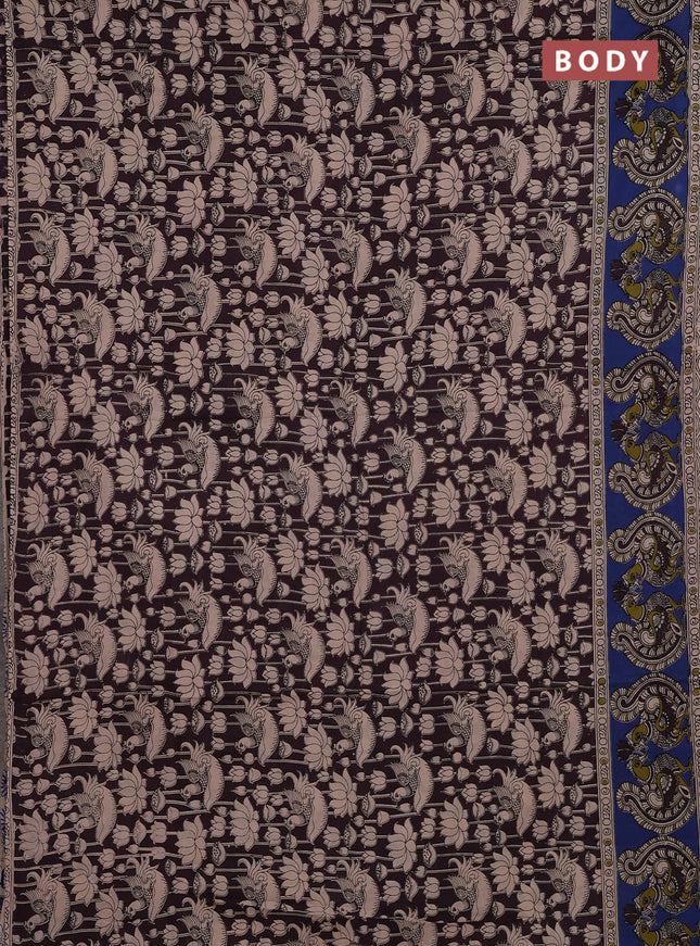 Kalamkari cotton saree deep wine and blue with allover prints and long printed border