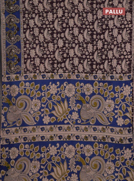Kalamkari cotton saree deep wine and blue with allover prints and long printed border