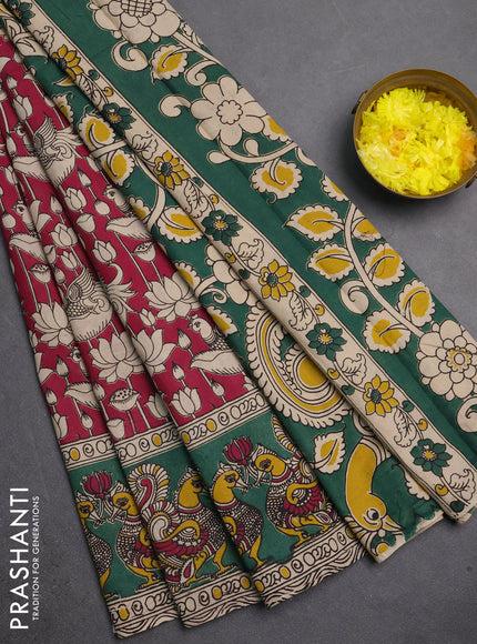 Kalamkari cotton saree magenta pink and green with allover prints and long printed border